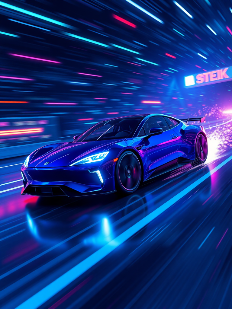 Please render the electric car racing in cyberspace in a realistic 3D manner. Make the background cyber-like and express it with a sense of speed with the "electric sparks". Make the overall color dark blue and draw it with a neon sign feel.