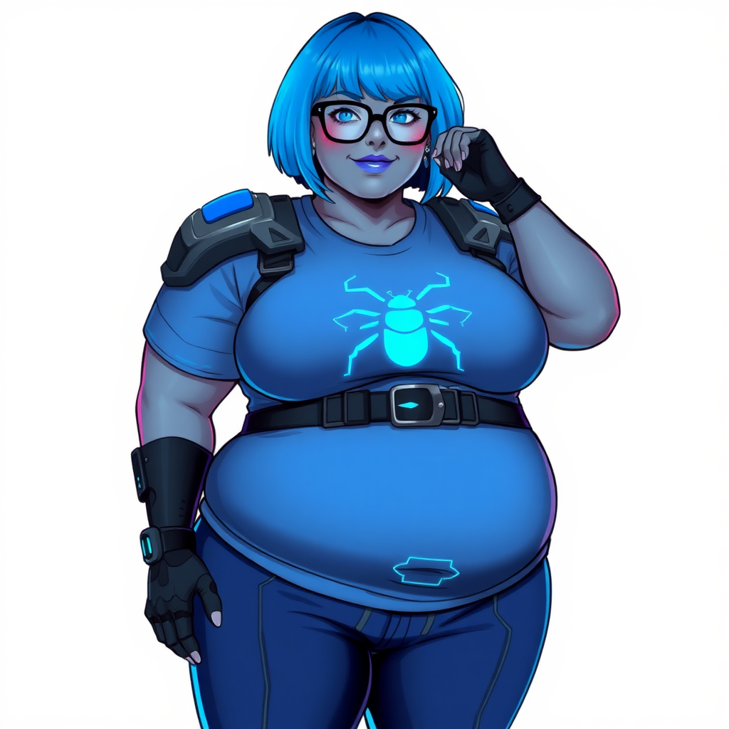 A 28-year-old, full-figured, Middle Gray skinned, computer program hybrid with a maximum blue bob cut. She has a non-athletic, full-figured build, highlighted by a prominent, round, large midsection (with heavy emphasis on her large belly). As the full-figured, nerdy, digital sidekick to her cyberpunk vigilante boyfriend, her metallic middle gray skin and maximum blue lipstick emphasize her digital nature. She wears a digital, computerized costume, consisting of a huge, tight-fitting, maximum blue t-shirt with a neon blue glowing beetle chest icon, hi-tech shoulder pads with neon blue glowing accents, a black hi-tech belt with a digital neon blue glowing buckle, digital maximum blue pants with neon blue accents, and black hi-tech gloves with neon blue glowing accents. Her bright blue eyes, black eyeglasses with neon blue glowing lenses with a built-in HUD, and shy smile with neon red blush accentuate her nerdiness. She stands bashfully with one hand behind her back and the other hand gently touching her cheek, her costume covering all her skin and emphasizing her full-figured physique (especially her belly). She is clearly non-athletic, with a heavy focus on her large belly. Despite her build, she radiates beauty. She has a slim face compared to her physique, accentuating her radiant beauty. She is on a solid white background. She is drawn as if she were in a retro 2D cyberpunk fighting game.