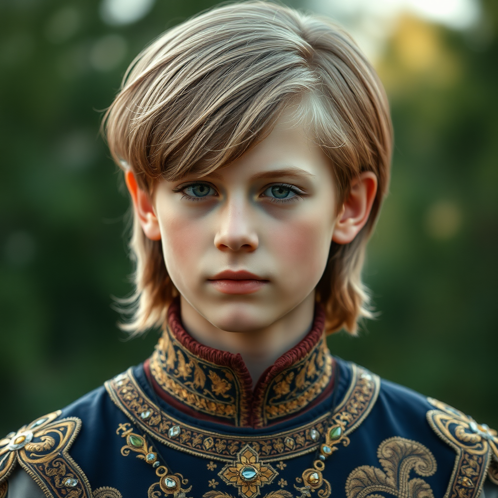 16yo teen boy prince, long bob cut, embroidered with gold and diamonds medieval cloths. 
photorealistic, ultra high resolution, 16K,