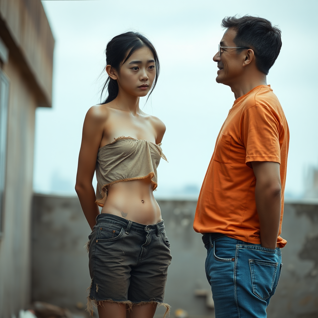 A young neglected, homeless, unhygienic, unusually slim, almost anorexic Asian woman. Depicted as a whole person. Largely erotic, but with a sad and mystical expression on her face. The Asian woman is wearing a torn, old, transparent, very short piece of fabric and a completely ripped, tattered, very old pair of shorts. Shame is visible in her very Asian eyes. Opposite her stands a 60-year-old German man. The good-looking German, appearing youthful and well-groomed, looks at the Asian woman as if he wants to offer her his help. The German man is shaved and slim, has a normal fashionable haircut, his hair is dark brown, he is wearing a new, nice, plain orange shirt with a subtle pattern and new blue jeans. The German man looks sympathetic and smiles slightly, looking at the Asian woman kindly, as if she were his daughter. The Asian woman can hardly meet the German man's gaze due to shame. The Asian woman's belly slightly curves inwards due to hunger. Her navel is always visible. The Asian woman has a very nice, normal physique. She has a very light wound on her face. She looks like she is about to cry. She appears pitiful, sad, and utterly hopeless!