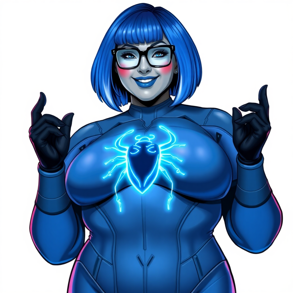 A 28-year-old, full-figured, middle gray metal skinned computer program-human hybrid with a maximum blue bob cut. She is the digital sidekick, computer hacker, and nerdy girlfriend of her cyberpunk vigilante boyfriend. Her middle gray metallic skin, distinct from any other character, highlights her digital nature. She wears maximum blue lipstick and has bright blue eyes. Her outfit includes an oversized digital maximum blue bodysuit with a neon blue glowing chest icon of a beetle and black gloves. Black eyeglasses accentuate her nerdiness, and she has a lovestruck smile with neon red blush. Her full figure, including a prominent, gargantuan, round midsection (with the full emphasis on her gargantuan belly), gigantic limbs, and broad shoulders, reflects the doting care of her vigilante boyfriend. The background is solid white. She is drawn as if she was in a retro 2D cyberpunk fighting game. Ensure her bodysuit covers all her bare skin (especially her round gargantuan belly). Her oversized bodysuit is influenced by DC's superheroine Jennifer Knight Phantom Lady but remains distinct.