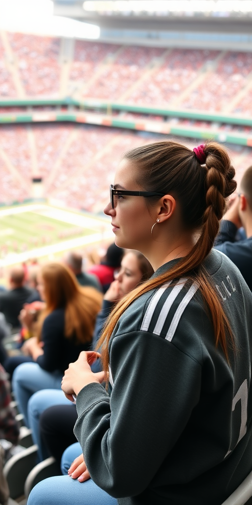 Attractive female NFL fan, pigtail hair, talking with friends, inside crowded bleachers, NFL stadium