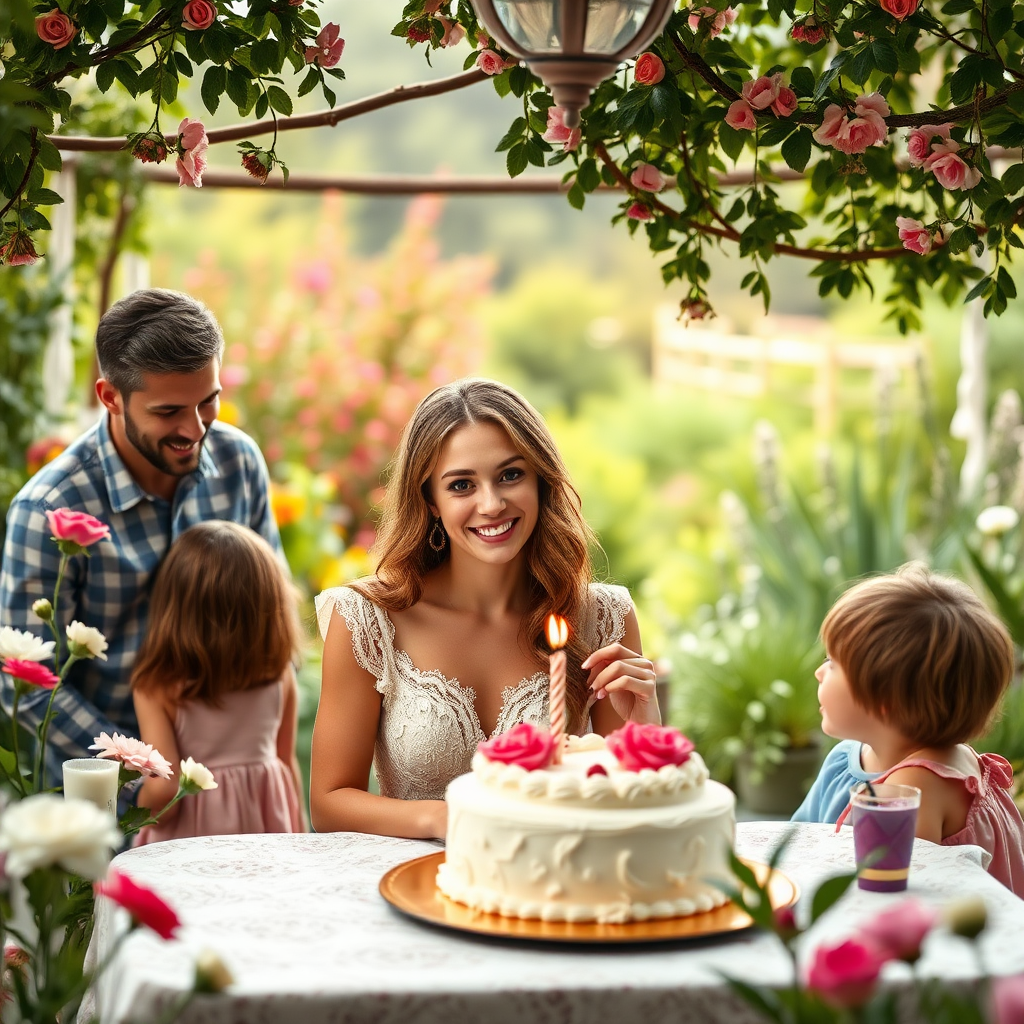 A pretty young lady is sitting in an English country garden fairytale, she is sitting at a table with a birthday cake on it, and her family happily standing around to celebrate her special day.