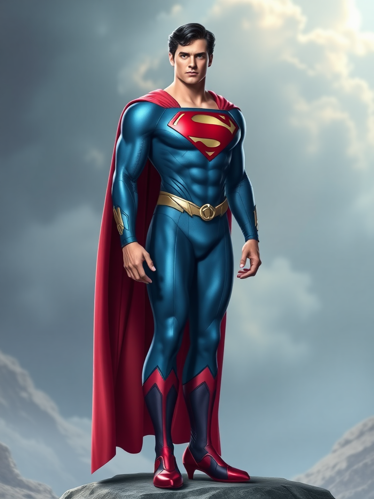 Full-length render of Superman, utilizing Sailor Neptune's female physique for the body. Retain Superman's head, signature hairstyle, and facial features without alteration. The costume should be primarily Superman's iconic suit, incorporating embellishments and design elements from Sailor Neptune's attire. Adjust the costume's proportions to seamlessly fit the new body shape. The background should draw inspiration from both Superman and Sailor Neptune's iconic settings and themes.