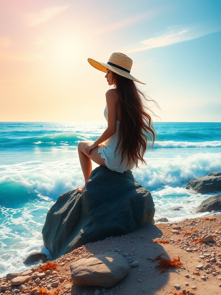 In a tranquil coastal setting, a young woman with lustrous, long, flowing hair is elegantly perched on a jagged rock, her silhouette beautifully framed by the contrasting azure sea. She dons an oversized, wide-brimmed hat, crafted from delicate straw, which casts a gentle shadow over her serene face, hinting at a contemplative expression. The waves crash around her with rhythmic ferocity, sending delicate sprays of saltwater glimmering in the sunlight, while a playful breeze dances through her cascading hair, creating a mesmerizing spectacle of movement.

Surrounding this scene, the picturesque shoreline is adorned with shimmering pebbles and the occasional seaweed, contributing to the beach's vibrant texture. The sky above is painted in soft pastels, transitioning from warm peach to icy blue as the sun begins its descent into the horizon. The scene is rendered in a style reminiscent of Pino Daeni's academic art, infused with the soft, atmospheric qualities of Australian tonalism.

This stunning 8k resolution artwork comes to life through a masterful gouache technique, resembling an ethereal watercolor museum display. Each thick brushstroke and layer of impasto gouache brings depth and richness, enveloping the viewer in an immersive landscape. The cool color splashes contrast against warmer highlights, creating a dynamic interplay that draws the eye across the canvas. The matte painting technique enhances the sophistication of this impressionist maximalist masterpiece, making the viewer feel as though they could step into this serene moment by the sea.