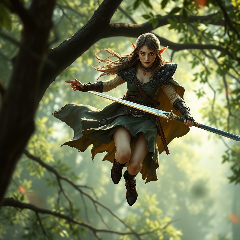 A twenty-something elf girl like (Deedlit from Record of Lodoss war), a character come to life. wide triangular shoulder pads, flowing cloak, leather armor, skirt, high heel ankle boots. Flying through tree branches, sword in hand. Photorealistic digital matte painting, highly detailed, film grain, lens flare, chromatic aberration.