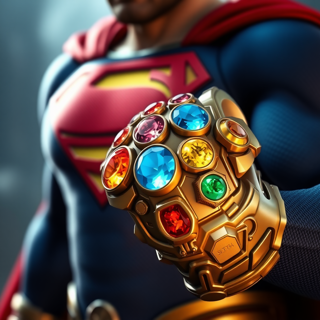 Superman wears the infinity gauntlet with 5 infinity stones. Cinematic Real3d photo-realistic quality.