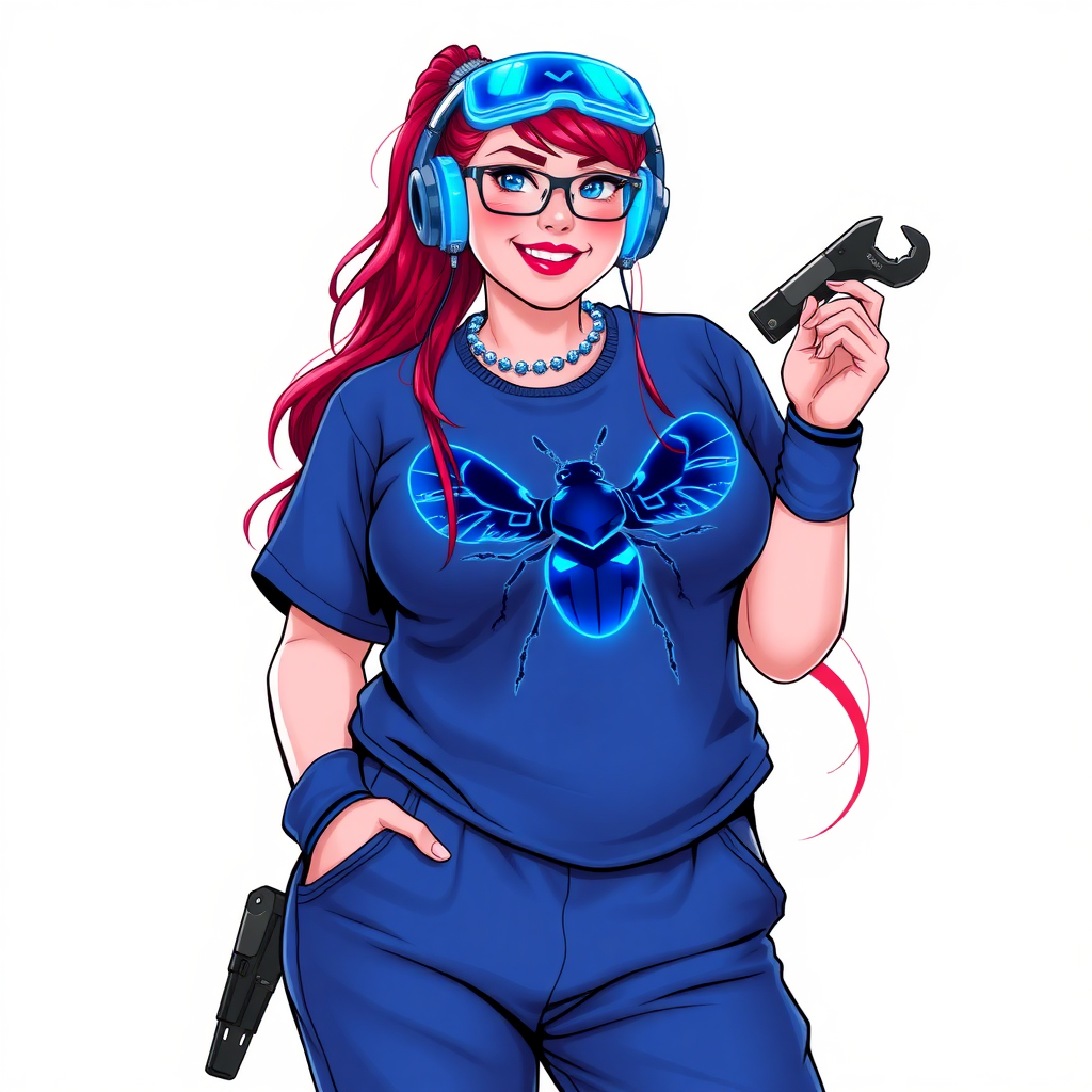 A cyberpunk vigilante’s full-figured intelligent and tech-savvy 29-year-old girlfriend, who is a computer hacker and tech genius. She has a long ruby red ponytail and bright blue eyes. She wears a sapphire beetle gemstone necklace, an oversized Maximum Blue (RGB 71, 171, 204) t-shirt featuring a giant neon blue chest icon of a winged beetle, and matching Maximum Blue sweatpants. She has a full-figured physique with a prominent, large, round midsection, reflecting her well-cared-for lifestyle. She sports a sapphire headset with a hi-tech sapphire lensed HUD visor, Maximum Blue (RGB 71, 171, 204) lipstick, black eyeglasses, and a beaming smile with a passionate bright red blush. Despite her figure and a lack of self-esteem, she radiates an air of beauty. She has an angular face which contributes to her radiant beauty. She serves as his tech expert from his hideout, holding a holographic tablet and a hi-tech tool wrench. The background is solid white. She is drawn as if she was in a retro 2D cyberpunk fighting game. Make sure her outfit covers her midsection.