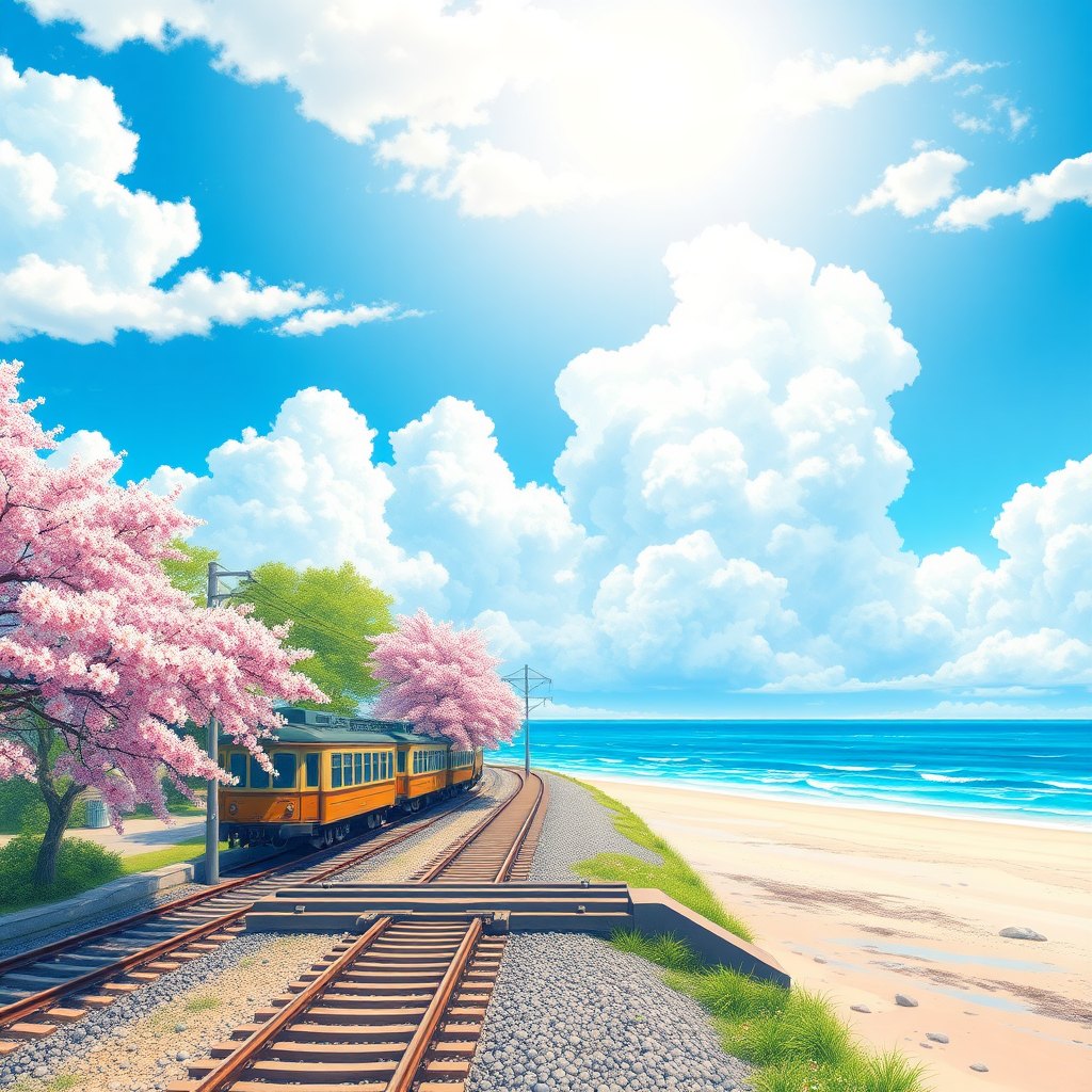 Beautiful pastel background wallpaper, blue sky, clouds, sunshine, ocean, beach, train, railroad crossing, old train station, detailed trees, cherry blossoms, detailed background, 8k, details, ultra realistic, pastelbg, clear water, water way,