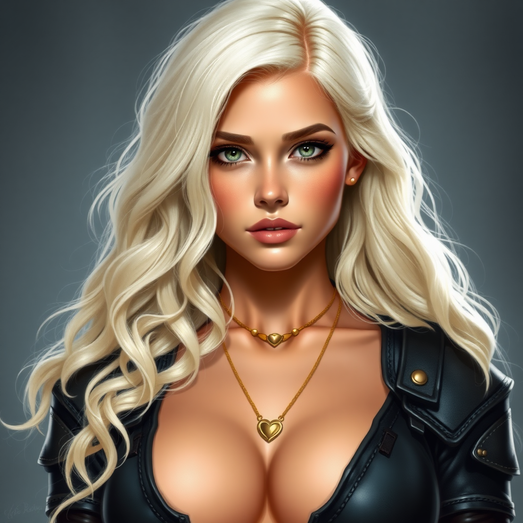 Portrait of a beautiful young woman with long wavy platinum blonde hair, green eyes, a suntan, light brown eyebrows, and large breasts. She is wearing black leather armor and a gold necklace with a small heart pendant.