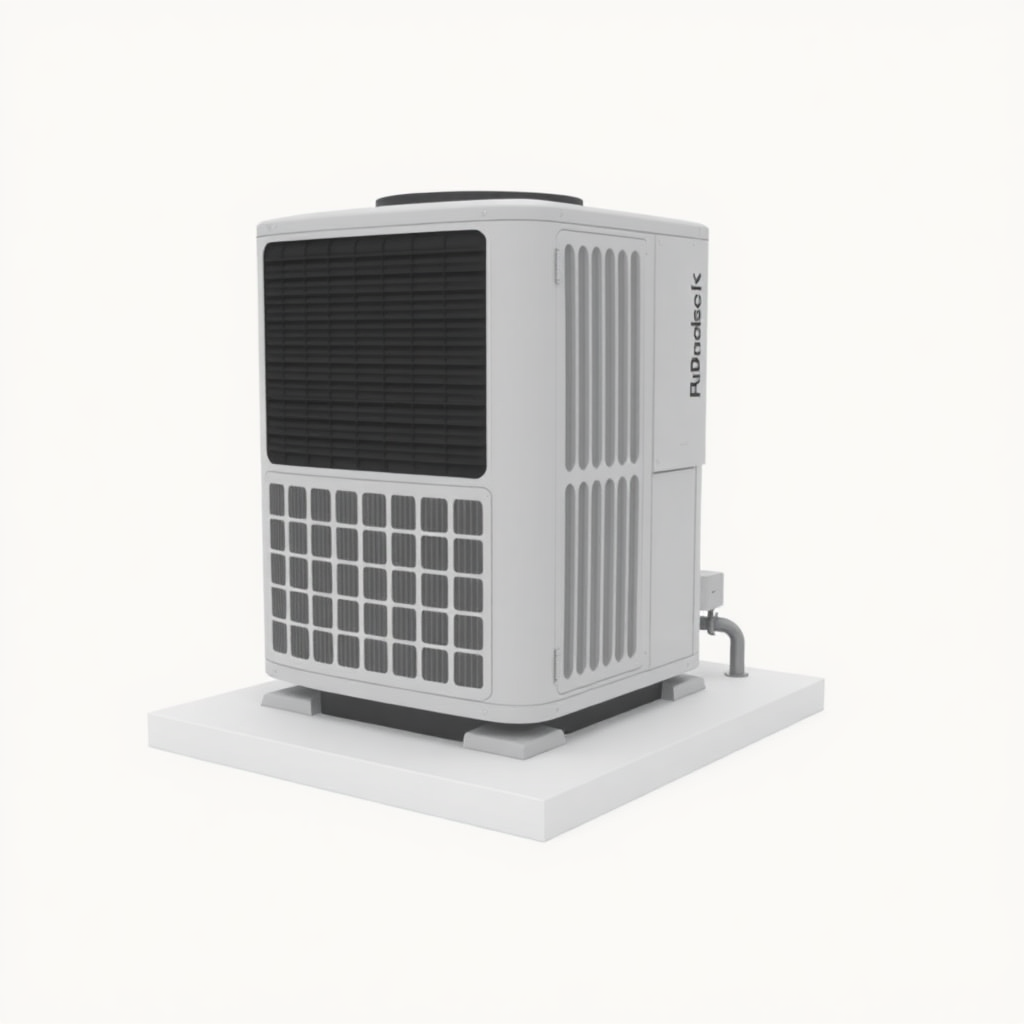 A simple, 3D model of a standard residential outdoor air conditioning unit or condenser. The unit should be placed on a flat surface. The unit should be a neutral color. Plain, uncluttered background. No text.