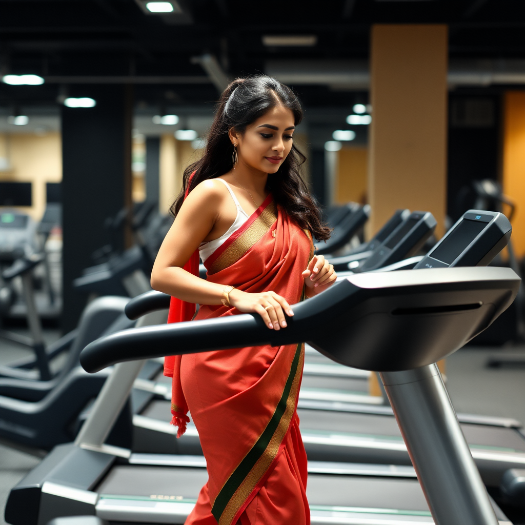 slim, traditional Indian wife, working out on Treadmill in gym