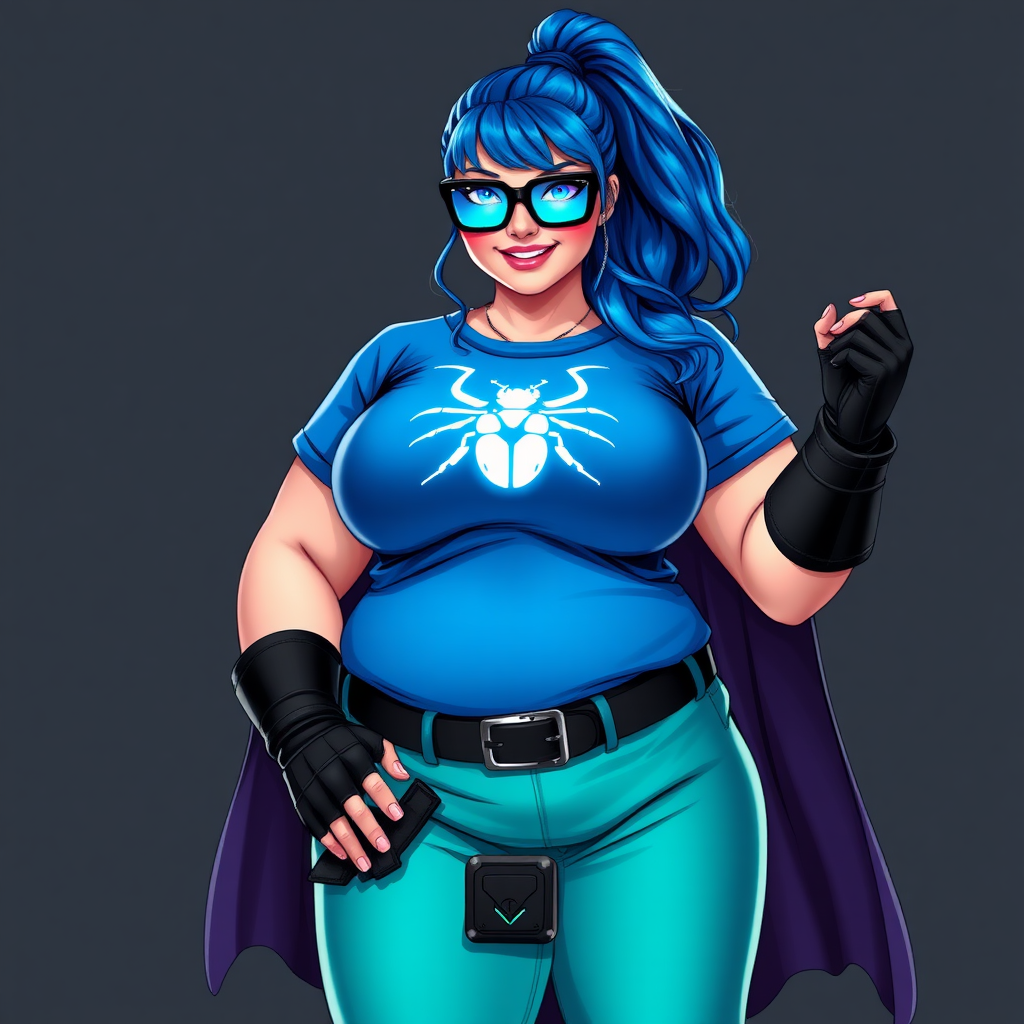 A 28-year-old, full-figured tech genius vigilante, she is the devoted girlfriend and nerdy sidekick of a cyberpunk vigilante. Her maximum blue ponytail and glowing sapphire eyes are striking features. Her prominent, round, large midsection, gigantic limbs, and broad shoulders define her full figure. As the loyal and supportive sidekick, she plays a crucial role in their missions, using her digital and technological prowess to assist and protect.

She wears an oversized maximum blue t-shirt with a glowing neon blue beetle chest icon, maximum turquoise skirt and cape, a black belt with a sapphire scarab beetle, and black high-tech shock gloves. Her neon red blush and lovestruck smile are ever-present. Her full figure (especially her large midsection) shows the massive effects of the pampering by her doting boyfriend. Her nerdiness is unmistakable, accentuated by her black oversized eyeglasses with maximum turquoise lenses. She serves as her boyfriend’s indispensable crime-fighting partner. She is drawn as if she was in a retro 2D cyberpunk fighting game.