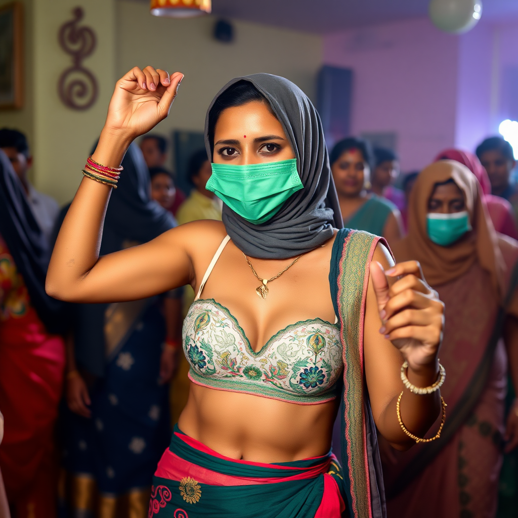 A skinny, traditional, 30 year old Indian wife with hijab, wearing a bra and skirt. Her face is covered with green face mask. She is dancing in a party.