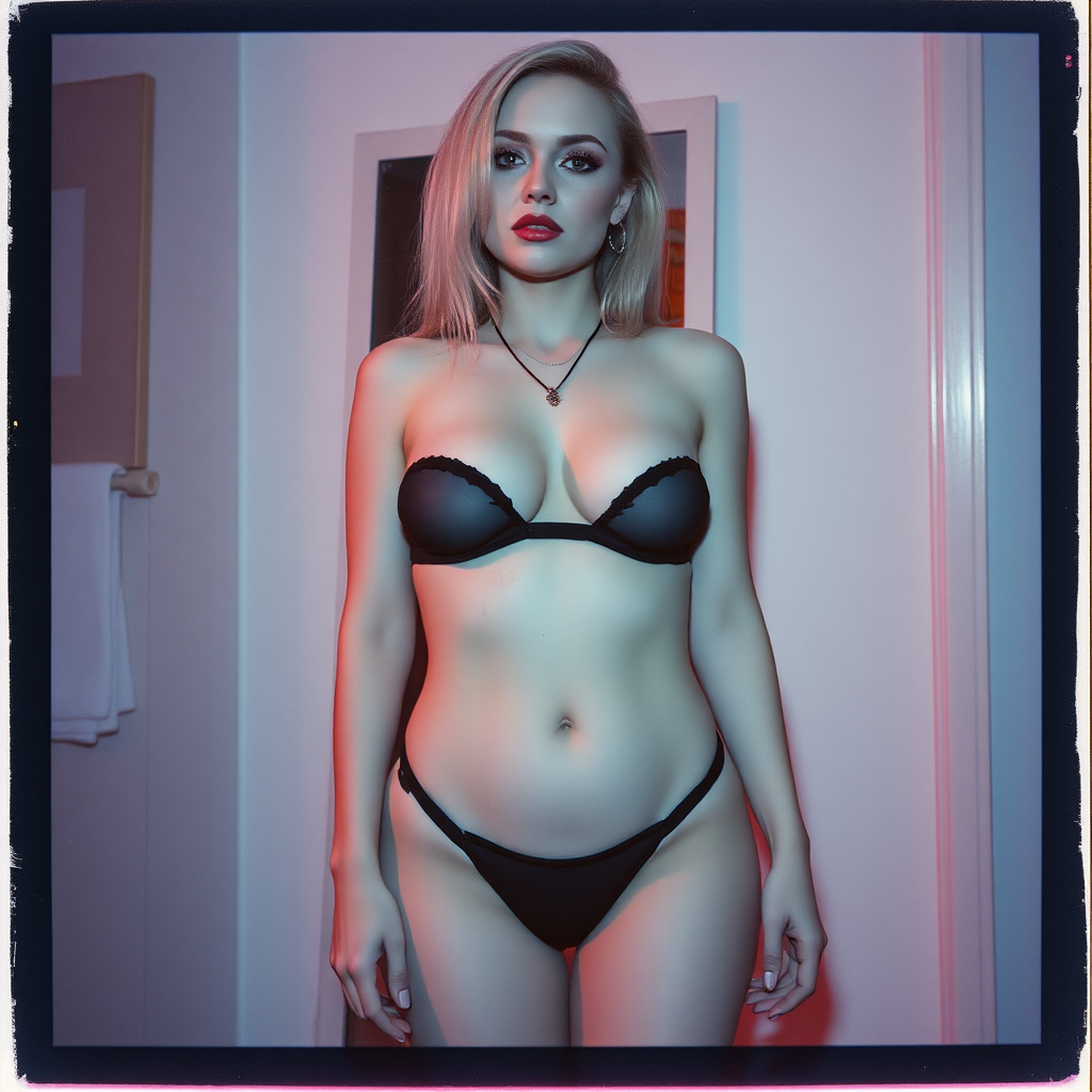 old polaroid photo with heavy vignetting and pink and blue artistic studio lighting color tint and light leak, depicting a sexy curvy thicc pale white alt goth girl with eye makeup, wearing a tiny revealing black see thru bikini gstring thong with a small outline of her labia and nipples visible, standing in a room with a floor length mirror behind her