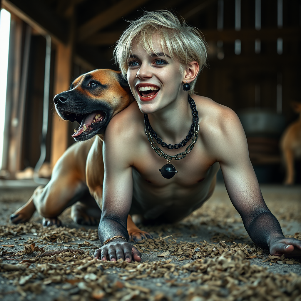 photorealistic, ultra high resolution, 16K, surreal fantasy, soft studio lighting, Caleb Swift is a pretty 16 year old goth male, slim male physique, blonde hair, blue eyes, goth makeup, earrings, glittering black pantyhose, spiky neck collar with chain, crawling on the floor of the barn straddling while a large dog rests its front legs on Caleb's back, during daytime, excited open mouth smile, small black ball-gag, drooling a stream of saliva from his mouth, bulging crotch, full body in wide view from side with Tyler facing the camera.