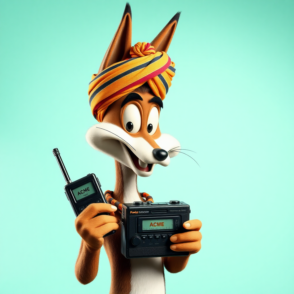 Wile E Coyote, wearing a turban, holding a black 1980's beeper that is branded Acme