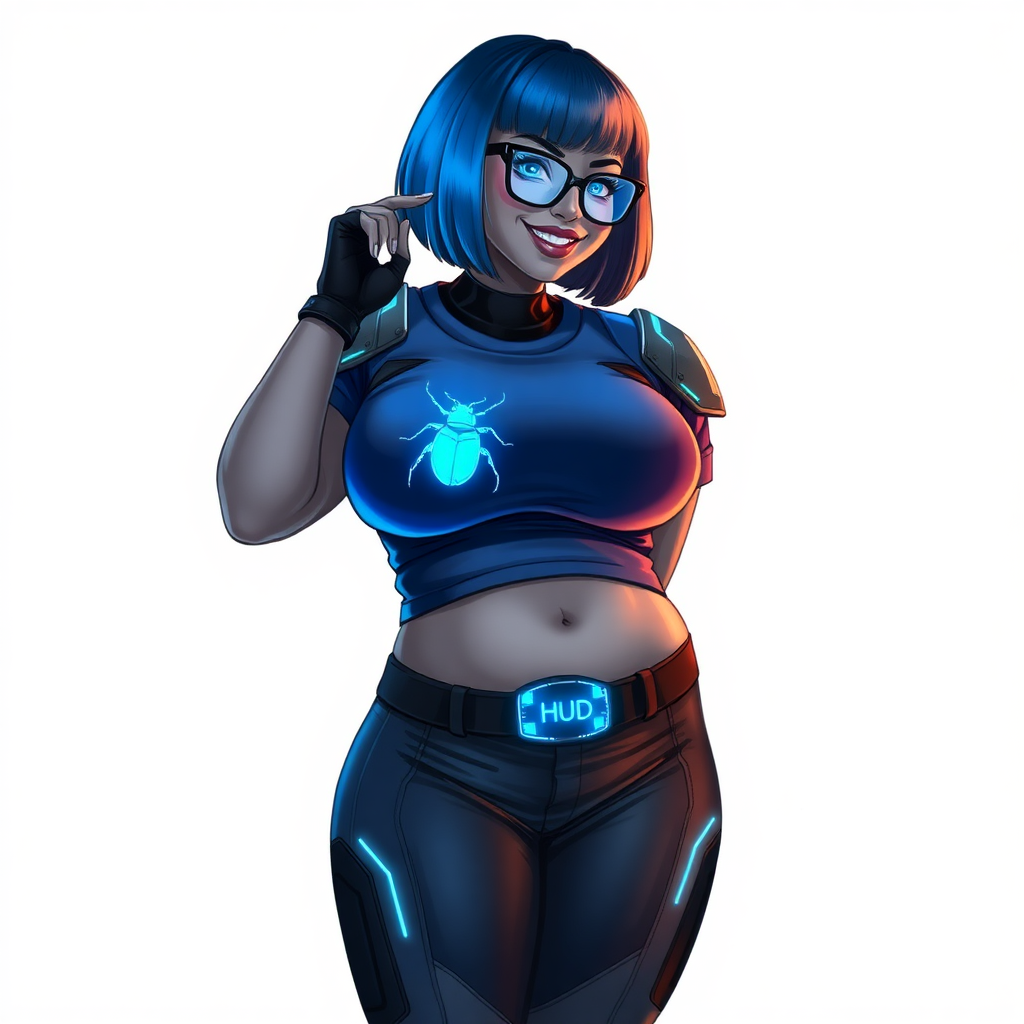 A 28-year-old, full-figured, metallic middle gray (N5) skinned computer program hybrid with a maximum blue bob cut. She has a non-athletic build, highlighted by a prominent, round, large midsection (with heavy emphasis on her belly), which shows the effects of her new love of junk food acquired from her boyfriend. As the full-figured, nerdy, digital sidekick to her cyberpunk vigilante boyfriend, her metallic middle gray (N5) skin and maximum blue lipstick emphasize her digital nature. Her skin has a subtle, animated glow, with digital patterns occasionally flickering across it, making her digital nature obvious. She wears a digital, computerized costume, consisting of a huge, tight-fitting, maximum blue t-shirt with a neon blue glowing chest icon of a beetle, hi-tech shoulder pads with neon blue accents, a black hi-tech belt with a digital neon blue glowing buckle, digital maximum blue biker pants with neon blue accents, and black hi-tech fingerless biker gloves with neon blue glowing accents. Her neon blue glowing eyes, black eyeglasses with neon blue glowing lenses equipped with a built-in HUD, and bashful smile with neon red blush accentuate her nerdiness. She stands bashfully with one hand behind her back and the other hand gently touching her cheek, her costume covering all her skin and heavily emphasizing her full-figured physique (especially her belly). She is clearly non-athletic, with a focus on her full-figured physique. Despite her build, she radiates beauty. She has a slim face compared to her physique, accentuating her radiant beauty. She is on a solid white background. She is drawn as if she were in a retro 2D cyberpunk fighting game.