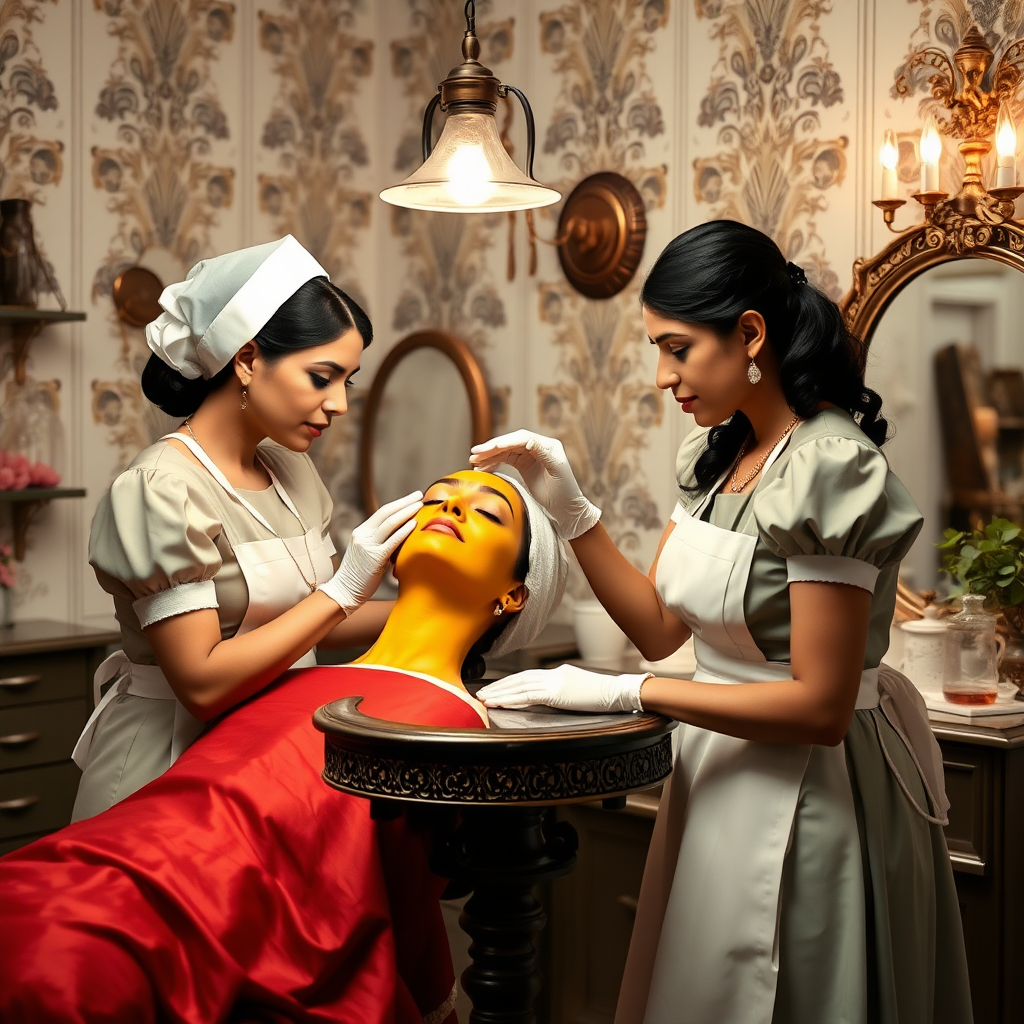 female french maids working in beauty parlour, giving turmeric facial to wealthy indian wife