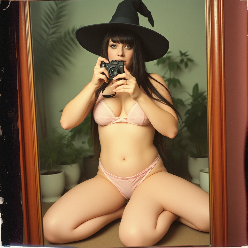 An old polaroid photo with a color tint to the photograph and visible light leaks. The photo depicts the reflection of a sexy alt goth girl with pale skin and black hair taking a self-portrait with an old film camera. She has a plump booty. Her mascara is running. She has large breasts with ample cleavage and she is wearing a skimpy g-string that leaves a gap between her pubic area and thigh. The fabric of her g-string is skimpy and pink and white and barely covers her and her bra is translucent and pink and white. She is in a photography studio with artistic lighting and plants are all around behind her. She is kneeling with her knees spread apart above a large mirror. Her underwear is damp. She is wearing a witch hat.