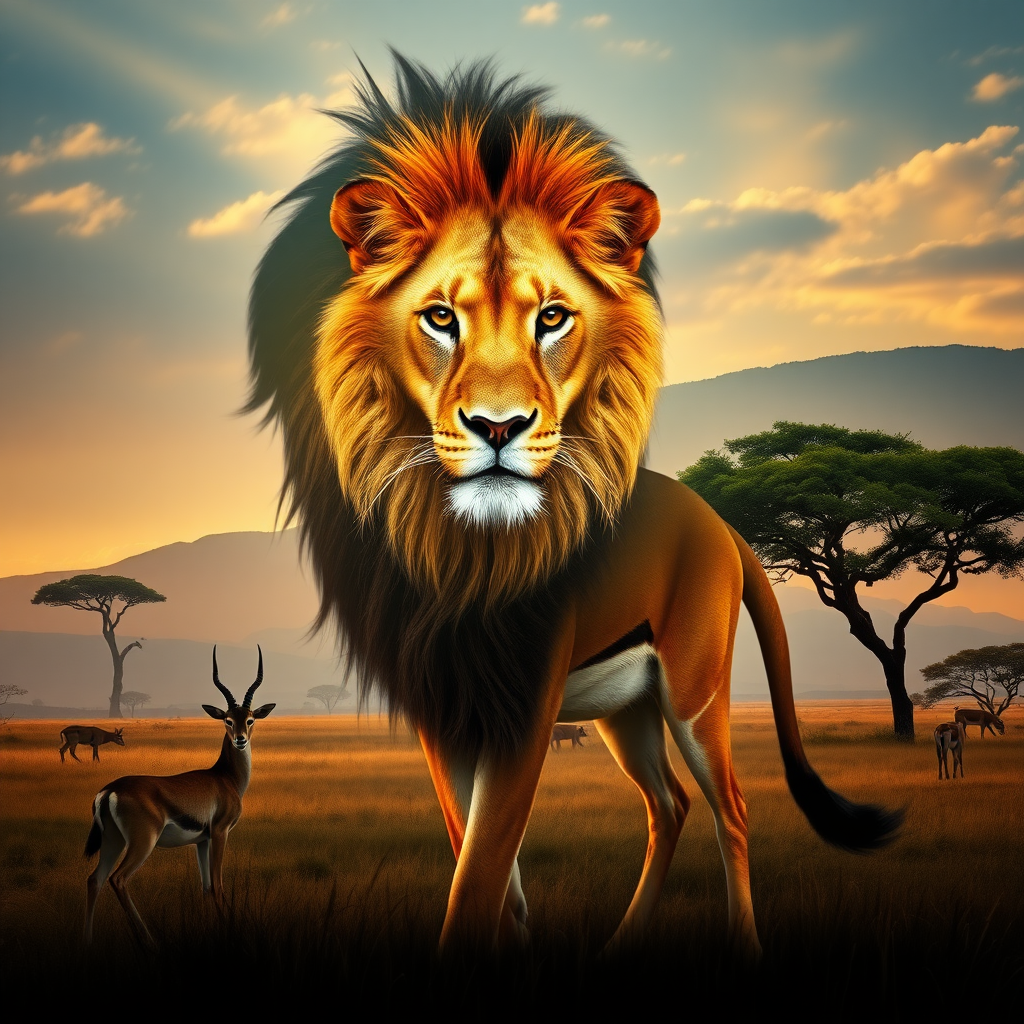 Create a full-length photorealistic image capturing a wildlife scene: a lion integrated into the silhouette of a gazelle, keeping the lion's head, facial features, and skin intact. Design a background inspired by the natural habitats of both a lion and a gazelle, merging lush savannah landscapes with subtle hints of the gazelle's environment. Focus on harmonious blending of textures and colors, while maintaining realism and the distinctive characteristics of both animals.