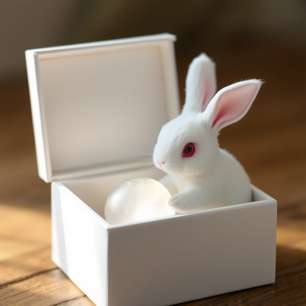 Inside the white box is a small, transparent moonstone that emits a faint, gentle moonlight. When a little white rabbit with ruby-colored eyes gently touches the moonstone, suddenly, a soft melody drifts out of the box. It is a song from the moon, melodious and beautiful.