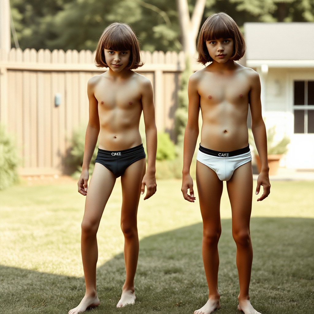 two tall 14yo teen boys, long hair bob cut, wearing very tight briefs, long legs, narrow thighs, full-length front view. 1970s. Playing at backyard. photorealistic, ultra high resolution, 16K, Negative: grainy, blurry, bad anatomy, extra limbs, watermark.