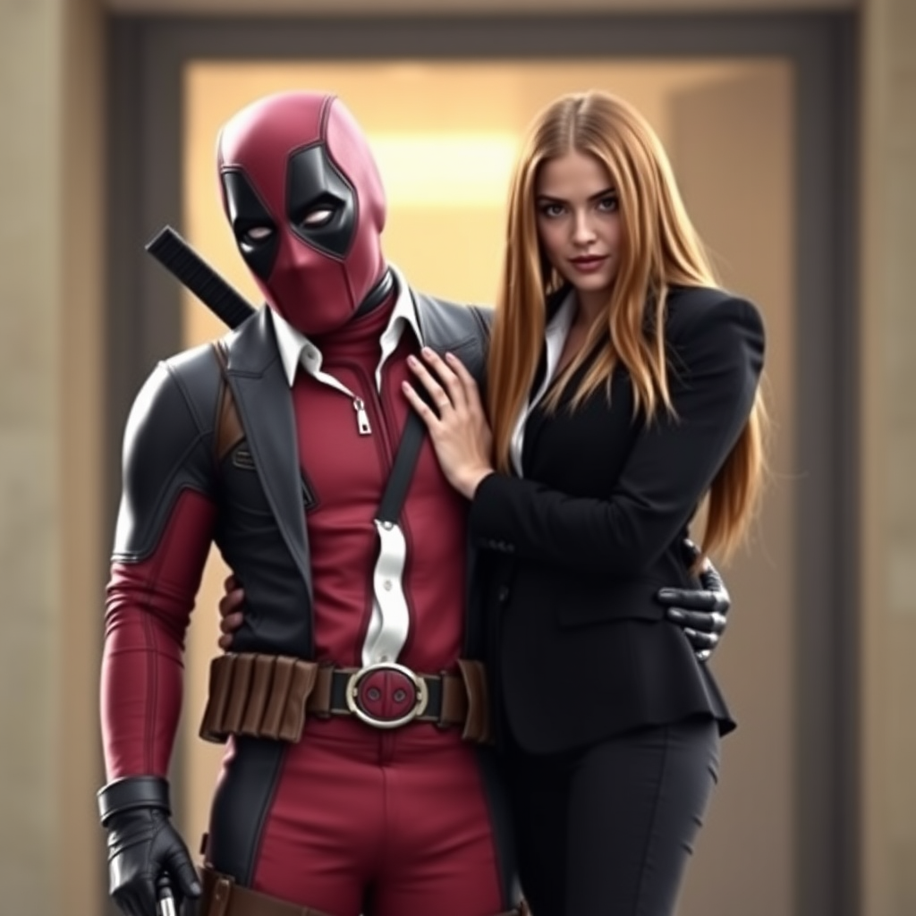 Deadpool wearing classic red and black Deadpool suit and a beautiful straight long haired female burglar in a black blazer over white shirt with black pants hugging each other as a loving couple in the action movie.