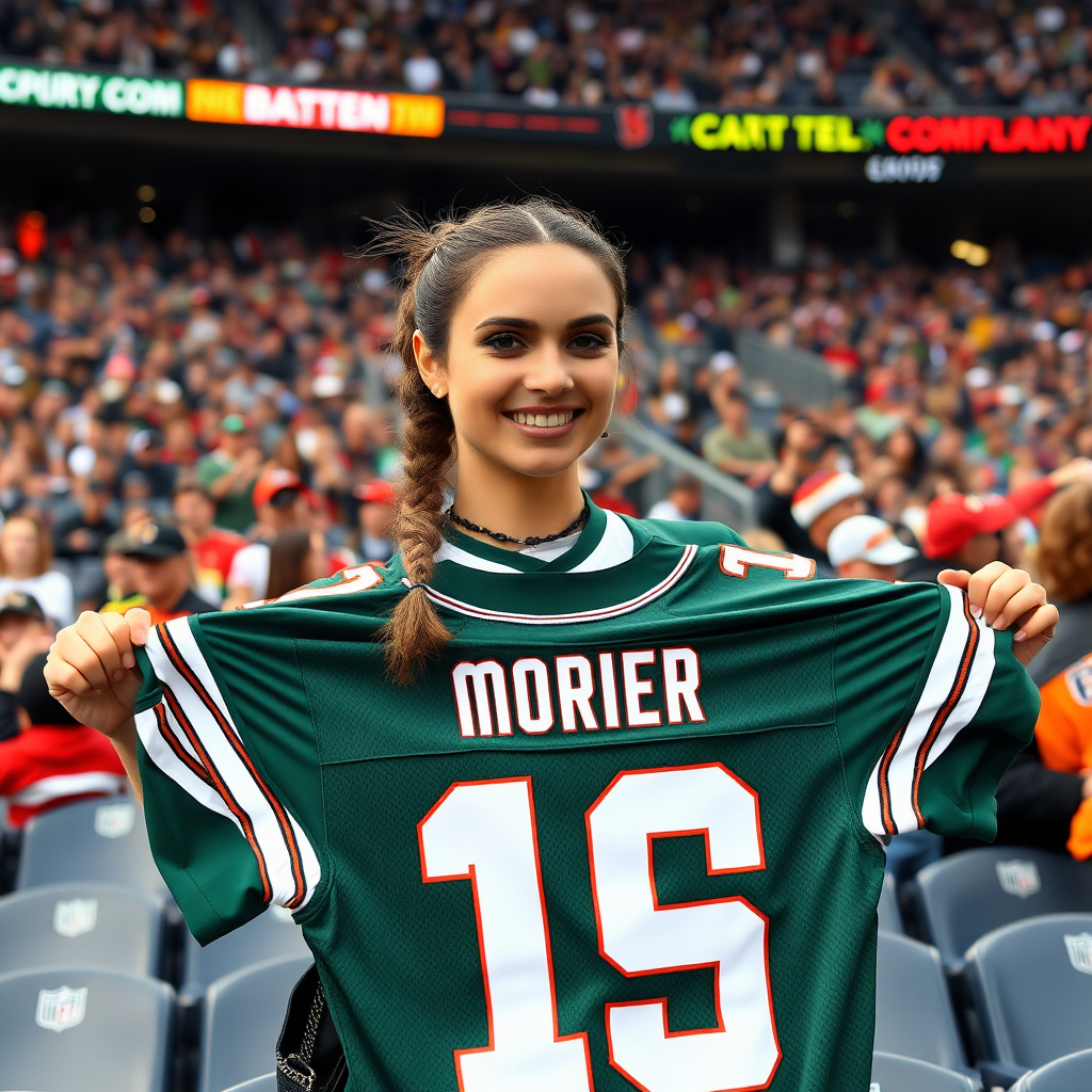 Attractive female NFL fan, pigtail hair, inside crowded bleachers, holding out another jersey, NFL stadium