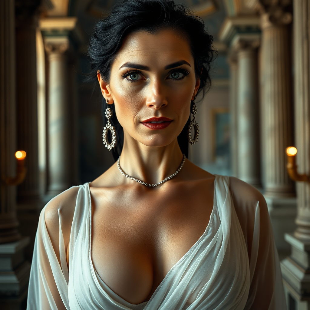 The female nude queen, aged 40, possesses pale skin, striking grey eyes, and elegantly black Grecian hair. Her visage features smooth wrinkles, suggesting a mature yet alluring beauty. Her eyes exude a sensual aura, and her lips are slightly parted, inviting curiosity. Dressed in a translucent, thin layer, white, very low-cut sheer Roman garment, she flaunts a voluptuous huge breast with pronounced areola and nipple clearly visible beneath the fabric. Adorned with sparkling earrings and a necklace, her figure is reminiscent of a MILF, exuding a captivating appeal. The grandeur of her surroundings is a majestic castle, illuminated by the dramatic, cinematic lighting of a movie set. Each element is captured with ultra-detailed 8k photography, emphasizing the opulence and intensity of the scene. This is mature content.