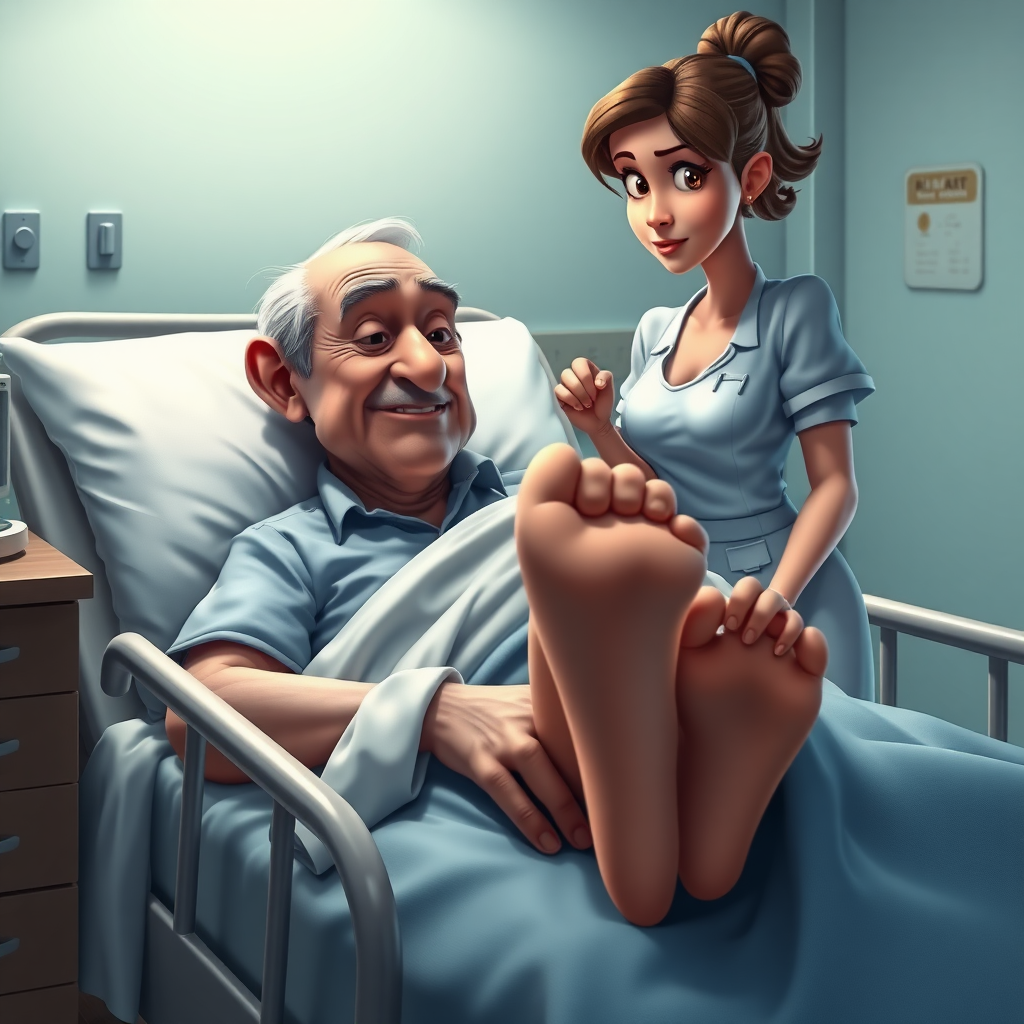 High quality, detailed, Disney 3d style film poster of an old man on a hospital bed with a huge erection under the blanket and a young skinny attractive nurse "impotence"