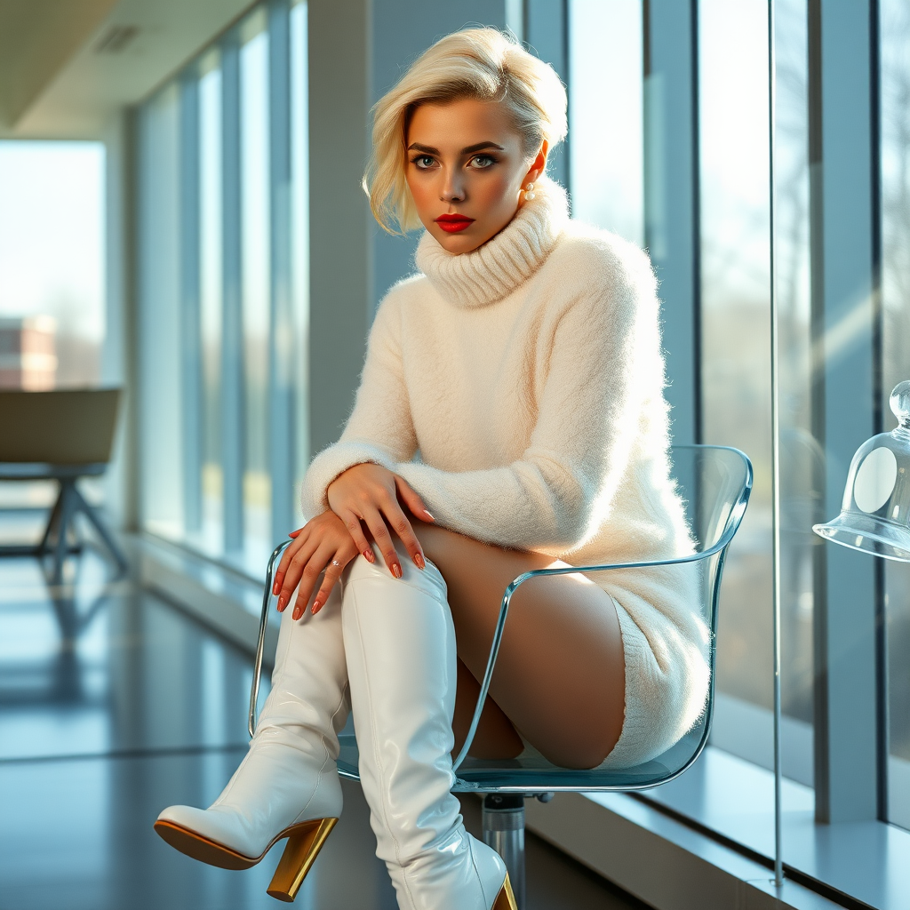 Sunny spring morning, modern glass-steel-concrete office, sitting on glass chair at wall, waiting for the master: Ana, European 17 years old very convincing femboy “trophy-bimbo”, tamed servile docile, very beautiful feminine flawless face, rather short boyish figure, platinum blond short tight curls, bold red lips, heavily made-up face, long French nails, wearing Supertanya-style chunky fluffy very fuzzy bright white plushy mohair figure-hugging turtleneck-knitdress with white pearl decoration, white vinyl thigh-high boots with golden heels, pearl earrings, serious, leaning forward presenting her assets, arrogantly looking at camera.