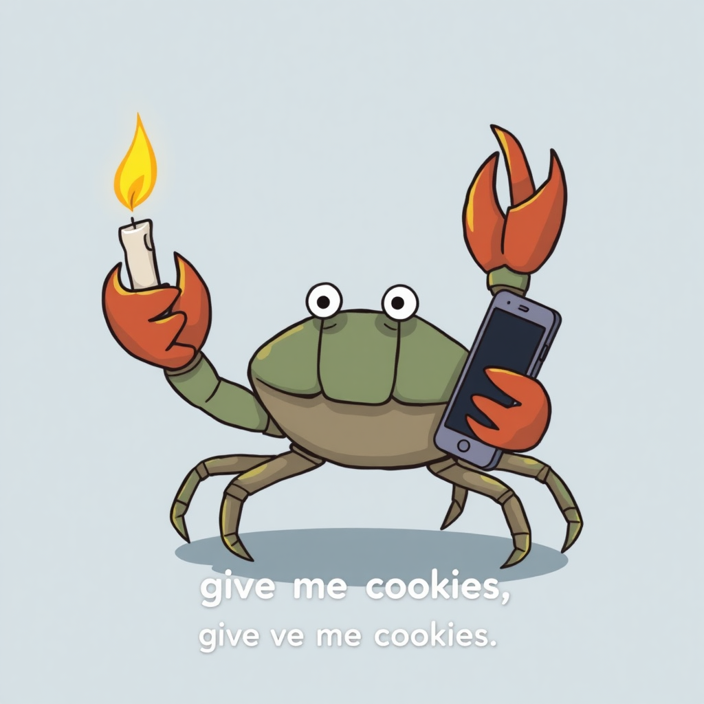 a crab holding a candle in one claw and smartphone in the other claw and caption "give me cookies"