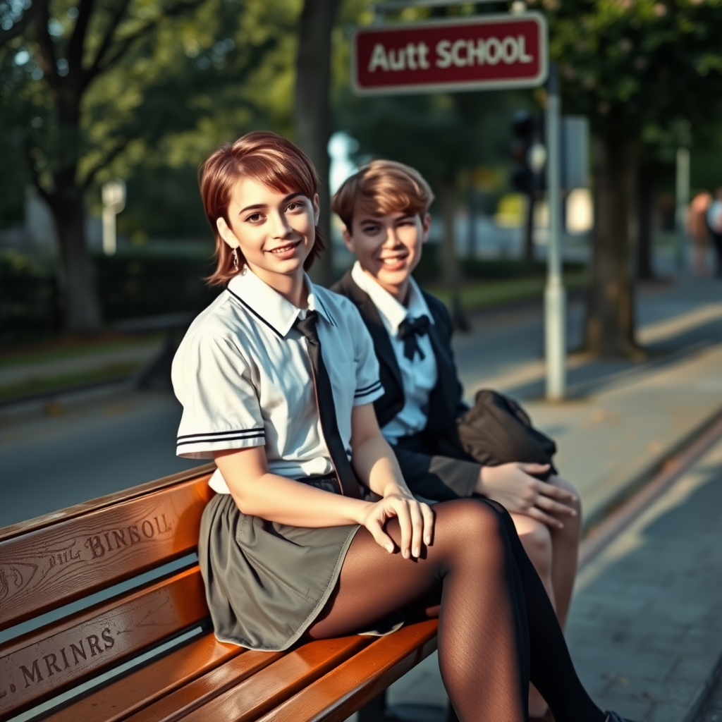 photorealistic, ultra high resolution, 16K, surreal fantasy, soft studio lighting, a pretty 18 year old goth male, slim male physique, auburn hair, goth makeup, earrings, shiny black pantyhose, UK girls-school uniform, Mary-Jane shoes, sitting on his boyfriend's lap on a bench waiting for the school bus, in daylight, excited smile, facing the camera.