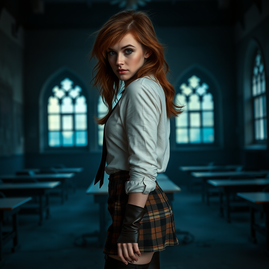 Emma Watson as Hermione Granger, tousled hair, seductive, very pale skin, natural makeup, sideboob, overknee boots made from leather, short checkered miniskirt, stained white linen shirt, necktie, flat chest, cleavage, thoughtfully looking at viewer over shoulder, full body shot, erotic, teasing, dark and moody, skin details, skin imperfections, abandoned Hogwarts classroom in background, blue hour, photorealistic, ultra high resolution, 16K, viewed from side, standing in shadows, silhouette.