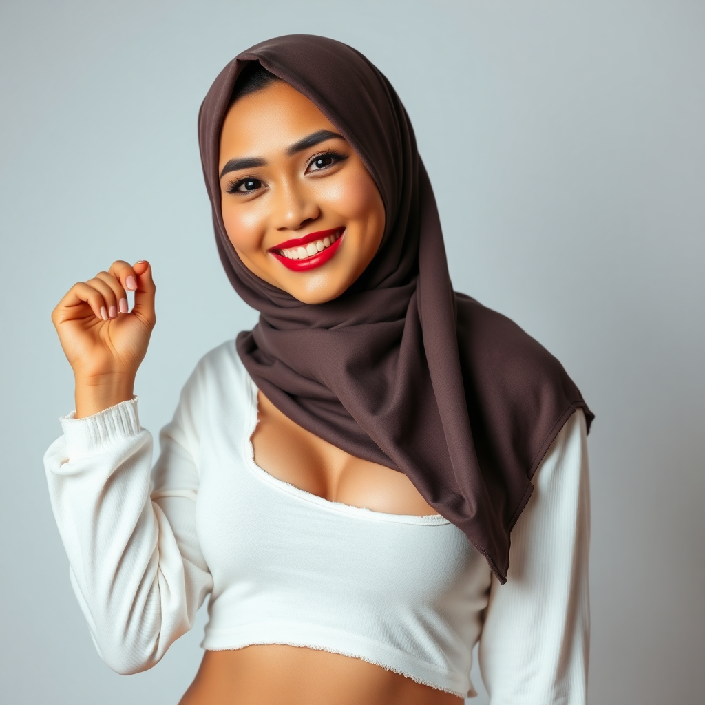 high contrast, and vibrant colors, random hijab woman, smiling sweetly seductively, posing like a model, top torn with big holes showing through chest without underwear, wearing thin transparent pantyhose, photography, high details, Indonesian skins his face like Asmirandah Indonesian actress