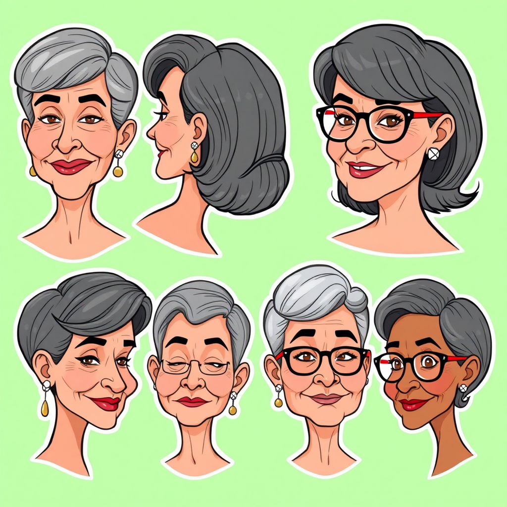 image of six headshots of a 50 Years old, gorgeous, fit, European, Latina, sharp aquiline nose, wrinkles, high cheekbones, Middle Eastern, Skinny, Tanned skin, Dark light skin, full Makeup, jewelry, Sharp nose, frowning, exaggerated cartoon emotions, lascive smile, dark grey Ash hair, short bowl haircut, Brown eye color, half closed eyes, round Glasses, with detailed features. Each photo displays the same face in back, profile and front view, cut out and isolated on a green background. consistent features, All six heads are visible side by side, empty space around each view, no overlapping. 2D, caricature, cartoon, Sketch lines, coloring book style, well composed, clean coloring book page, No dither, no gradient, strong outline, vector illustration