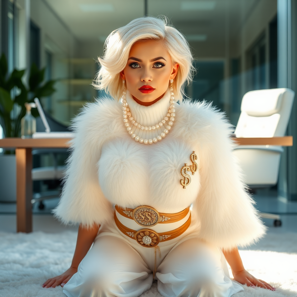 Sunny spring morning, modern glass-steel-concrete office, kneeling on fluffy carpet in front of CEO’s desk: Kimberly, 19 years old very convincing femboy “trophy-bimbo”, tamed servile docile, very beautiful feminine flawless face, rather short, by hormones very curvaceous womanly figured, platinum blond short tight curls, bold red lips, heavily made-up face, wearing Supertanya-style fluffy very fuzzy bright white angora turtleneck-poncho cropped ending under bust decorated with pearls and glass stones, striking oriental wide gold bridal protection belt, white fully transparent harem pants, large pearl earrings, striking diamond “$$$” letter brooch on left chest, pout frustrated, looking at camera. Focus on face and turtleneck-poncho.