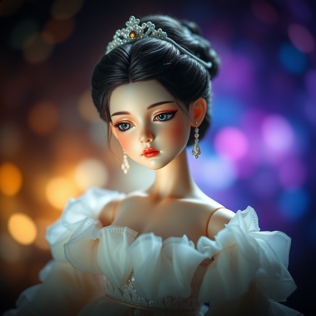 preteen artists doll, full body, bisque porcelain doll, genuine collectors doll, bjd, dreaming, Bokeh, abstract, brilliant colors, glittering, translucent, mother of pearl, opal, iridescent, natural skin, glowing, artistic photo, wide angle, cute, interesting, Victorian dress, wuxia movie