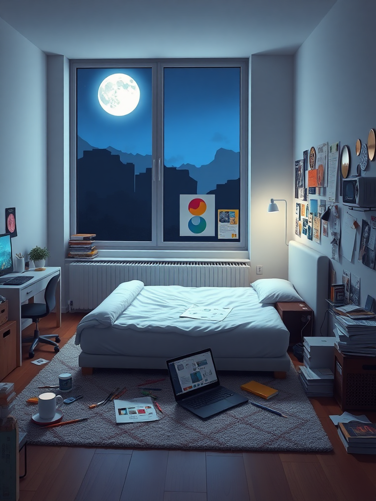 A description of the scene: Late at night, in a quiet room, a large window allows the indoor lights to intertwine with the moonlight outside, illuminating a creatively filled room. In the center of the room is a minimalist-style bed, beside which sits a slim notebook computer with design drafts displayed on the screen. Scattered on the carpet by the bed are various paintbrushes and paints, and the walls are adorned with a variety of artworks. In one corner of the room is a small desk piled with books and notes, and the wall next to the desk is covered in inspiration stickers. The entire room is rich in color and full of details, showcasing the occupant's creativity and love for life. Realistic, realistic style.