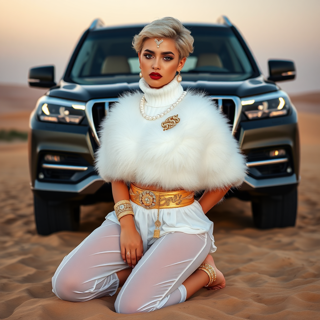 Kuwait desert dunes misty dawn, full size luxury SUV: Melissa, European 17 years old very convincing femboy “trophy-bimbo”, tamed servile docile, very beautiful feminine flawless face, rather short, by hormones very curvaceous womanly figured, platinum blond short tight curls, bold red lips, heavily made-up face, wearing Supertanya-style fluffy very fuzzy bright white angora turtleneck-poncho cropped ending under bust decorated with pearls and gemstones, striking oriental wide gold bridal protection belt, white fully transparent harem pants, full Oriental bridal jewelry including headpiece, nose-ring, coin anklets, striking diamond “$$$” letter brooch on left chest, pout frustrated, hands tied behind back, kneeling in sand in front of SUV, looking at camera. Focus on face and turtleneck-poncho.