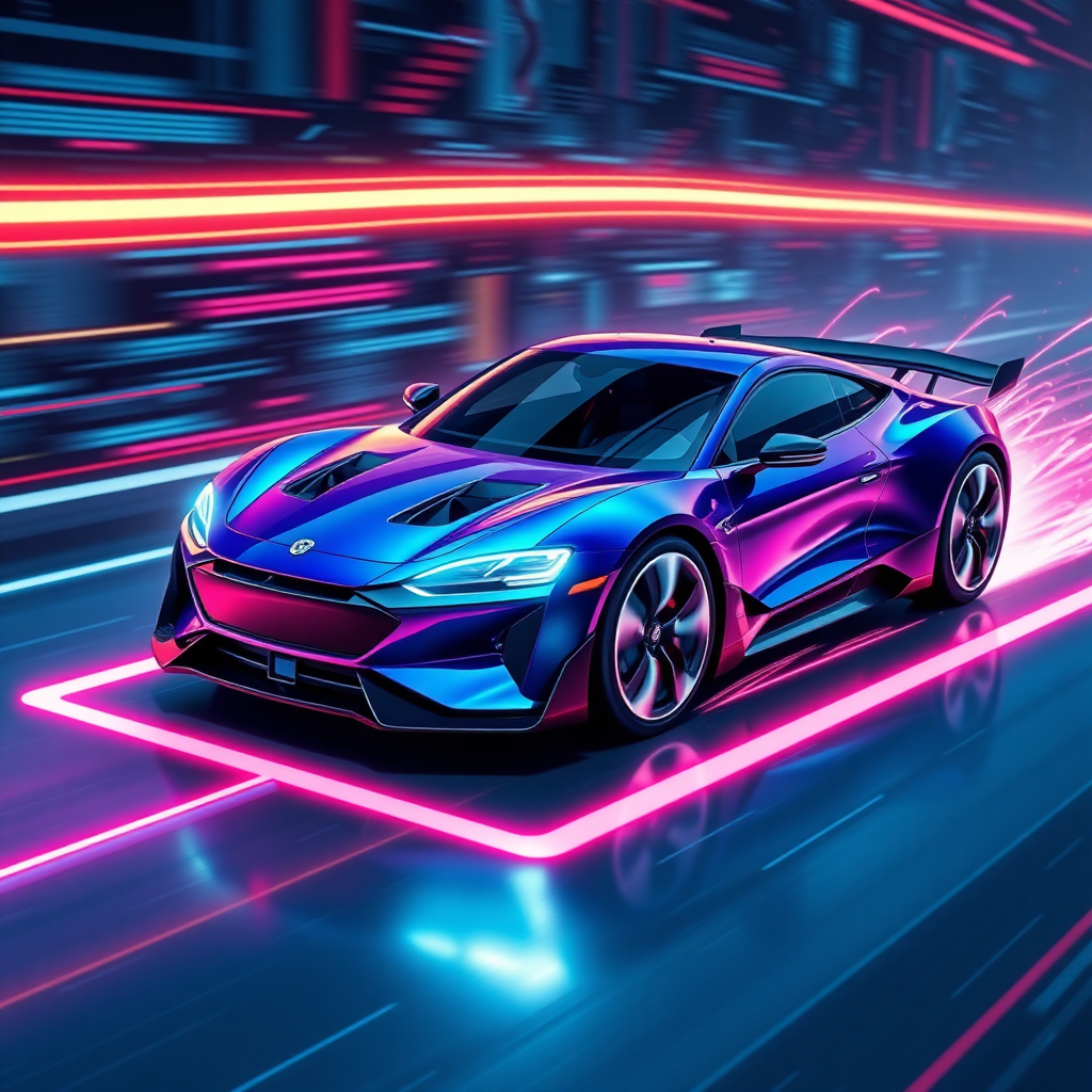 Please render the electric car racing in cyberspace in a realistic 3D manner. Make the background cyber-like and express it with a sense of speed with the "electric spark". Make the overall color dark blue. Draw it with a neon sign feel in an isometric view.