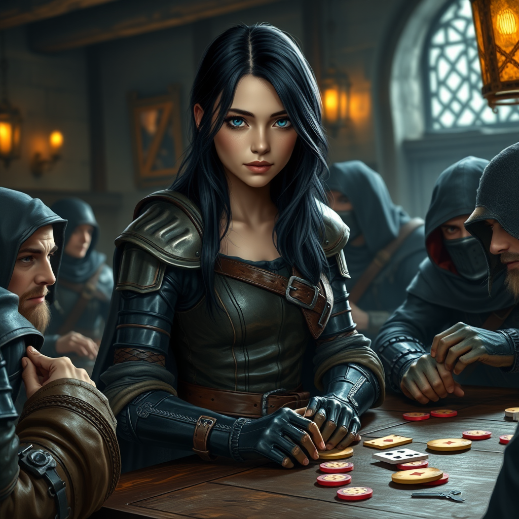 beautiful young woman, dark hair past her shoulders, blue eyes, small, slim figure, wearing full leather armor suit, long cloak, playing cards around a table with bandits in a medieval tavern.