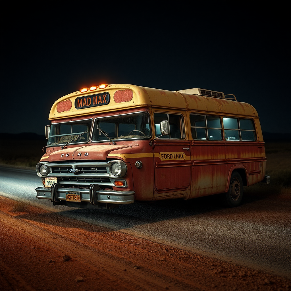 ford falcon mad max apokiptik night dust rusty the bus is parked on the side of the road, inspired by Taiyō Matsumoto, tumblr, restomod, nd4, c4