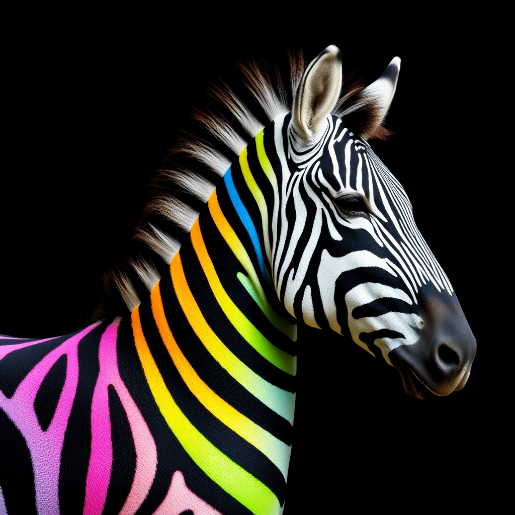 A photo of a zebra with black and rainbow stripes