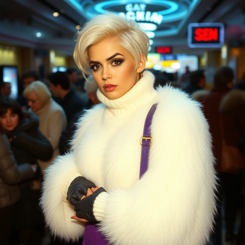 1990 winter evening, crowded cinema lobby: Sam, 19 years old beautiful involuntary femboy, rebellious intractable character, petite boyish figure, platinum blond boyish rebel punk hairstyle, flawless heavily made-up face with sharp arched tattooed eyebrows, wearing Supertanya-style fluffy very fuzzy bright white angora thigh-length turtleneck-poncho fully covering body and arms, purple stretch pants, black leather high-heeled pumps, gold earrings, puzzled alarmed, pout serious, impatiently waiting for her master. Full view of scene.