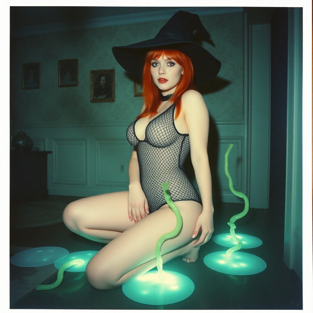 An old polaroid photo with heavy dark vignetting and a blue color tint to the photograph and visible light leaks. The photo depicts a sexy alt goth girl with pale skin and red hair. She has a plump booty. She has large breasts with ample cleavage and is wearing a black fishnet bodysuit. She is wearing a witch hat. She is surrounded by glowing translucent green vine coming out of magic bright glowing pools of water on the floor, wrapped around her arms and legs. She is straddling a green vine between her legs. The image looks hazy and grungy. She is in an old house with wallpaper on the walls. Dark lighting with camera flash used. Candid