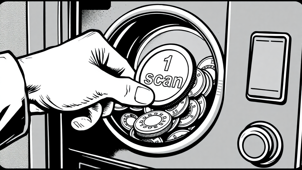 A comic of a hand placing one token with the engraving "1 scan" in a coin machine  
In the style of a comic icon in black ink only