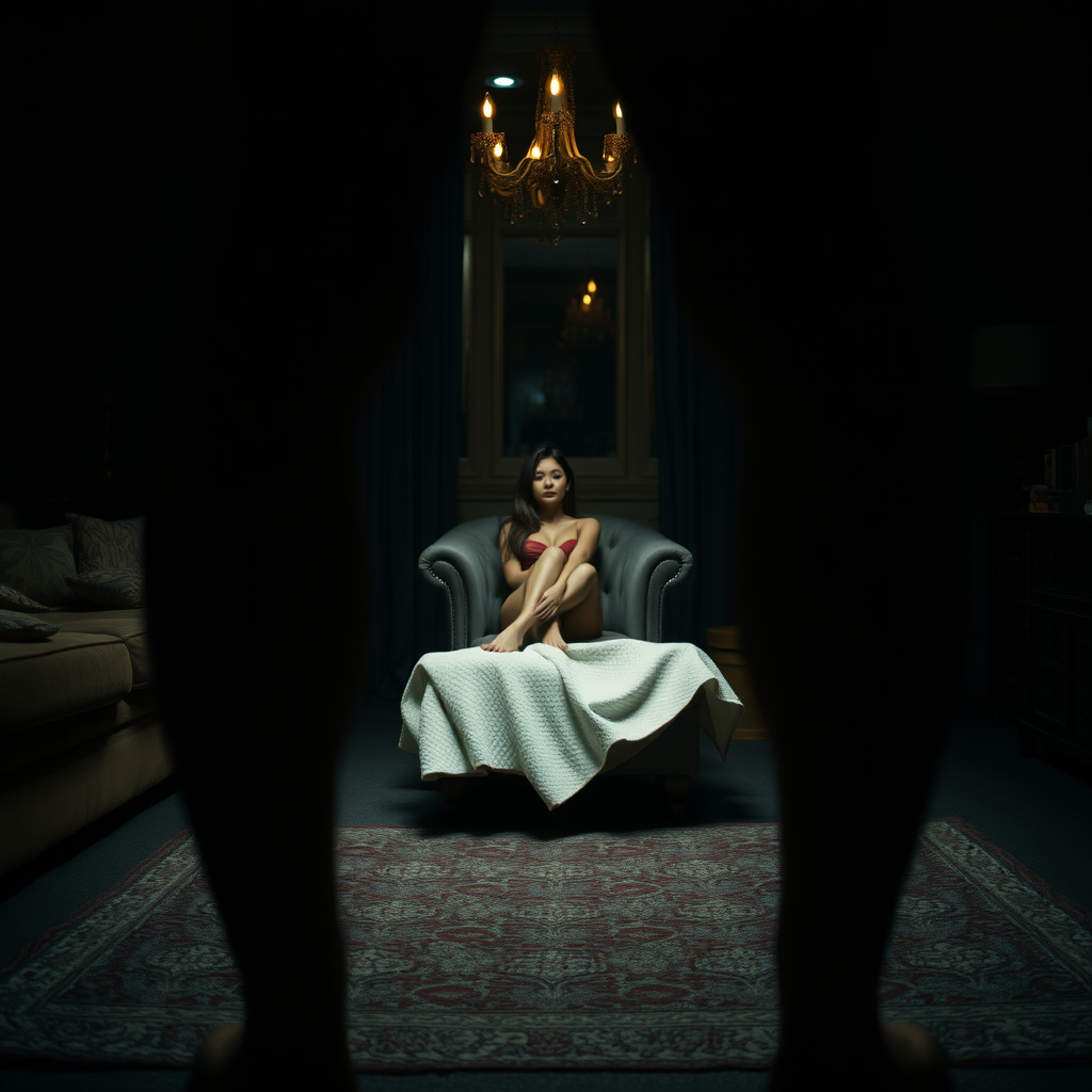 Through a standing naked man's apart legs looks a sexy woman sitting in a chair, in a dark cozy room. Female focus, sharp focus. Dimly lit. Ultra detailed. Cinematic color grading.