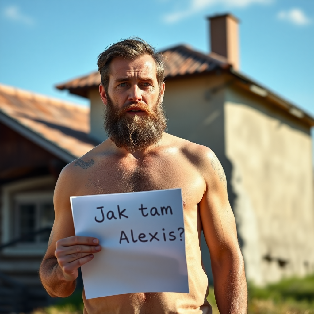 Photorealistic man with beard standing without t-shirt in eastern european country holding the paper saying jak tam alexis?